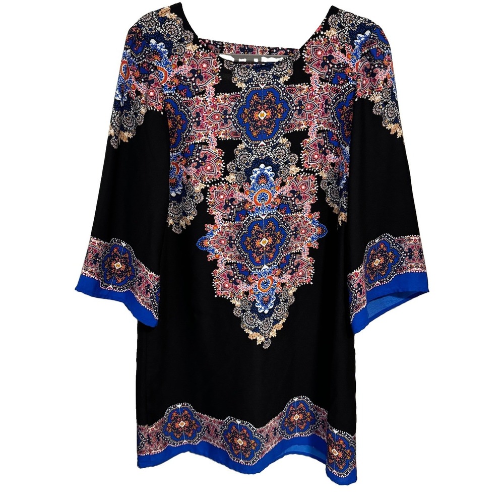 Black Tunic Dress Medallion & Paisley Print Boat Neck Mini Open Back Design med.